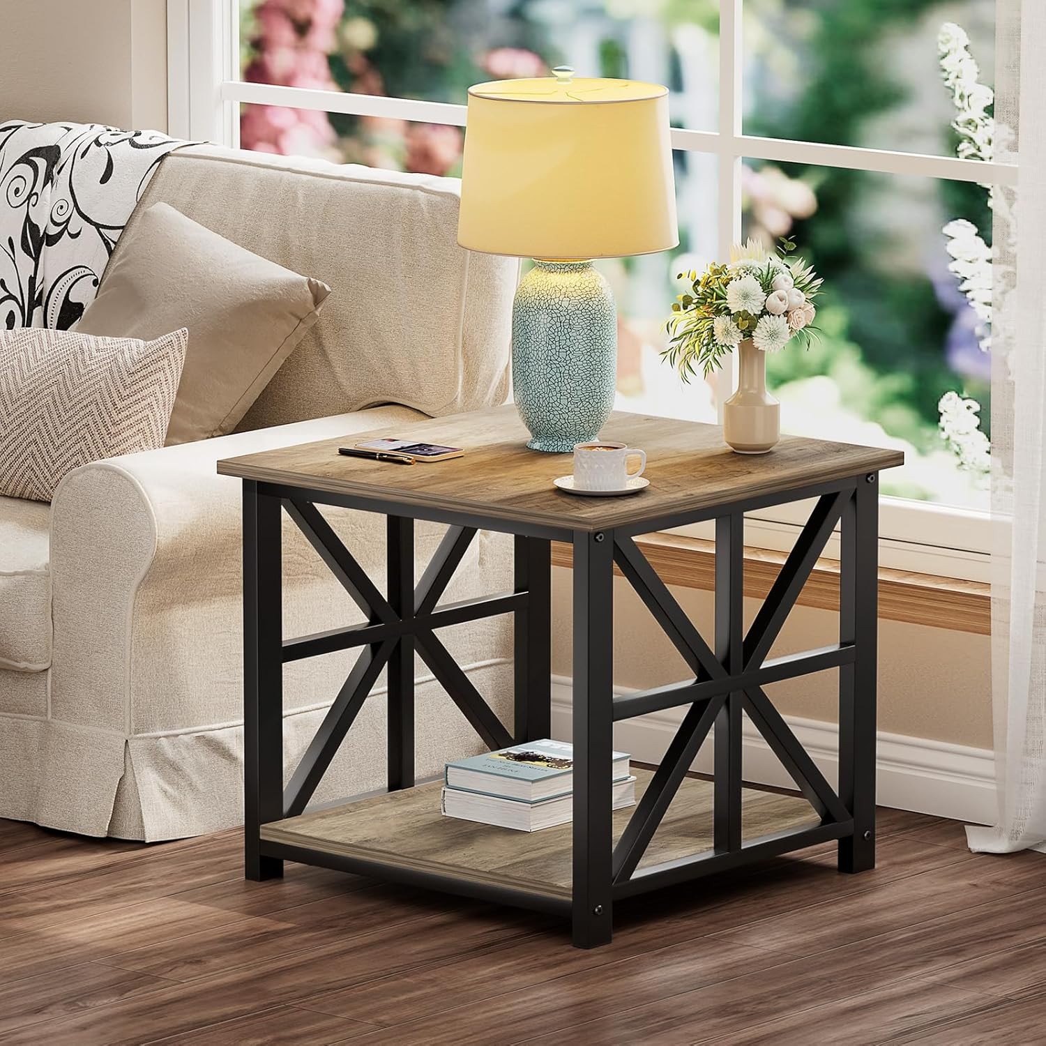 End Table W/ 2-Tier Storage Shelf 24 inch Large Side Table Living Room,Modern