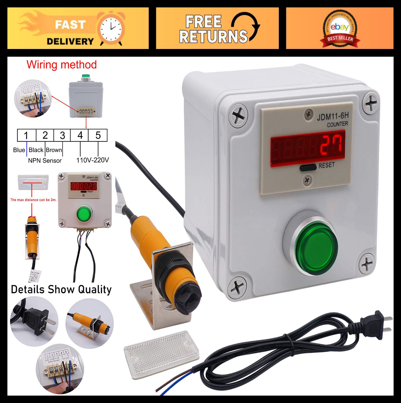 Wireless Infrared Visitor Counter Box - LED Digital Display, 0-999999 Count, NPN