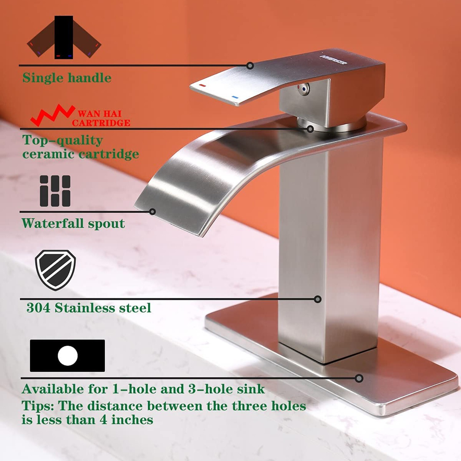 Waterfall Bathroom Sink Faucet Basin Lavatory Single Handle Mixer Tap W/6''Cover
