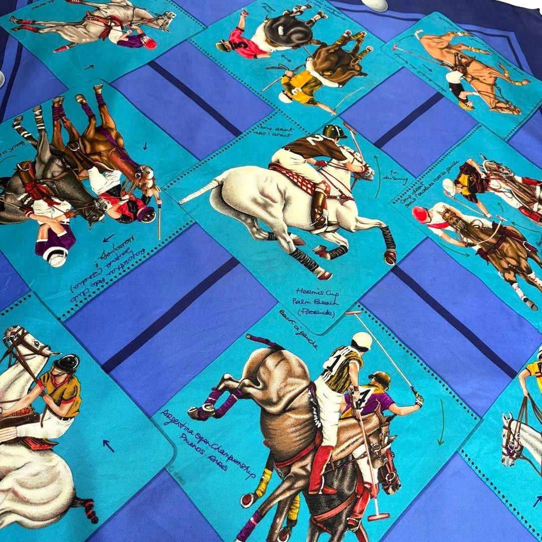 Rare/ Hermes Carre 90 Polo World Large Scarf Blue Horse