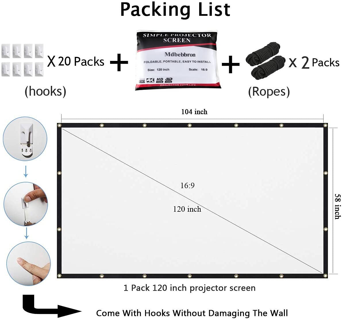 Mdbebbron 120 inch Projector Screen 16:9 Foldable 120 inches, Black