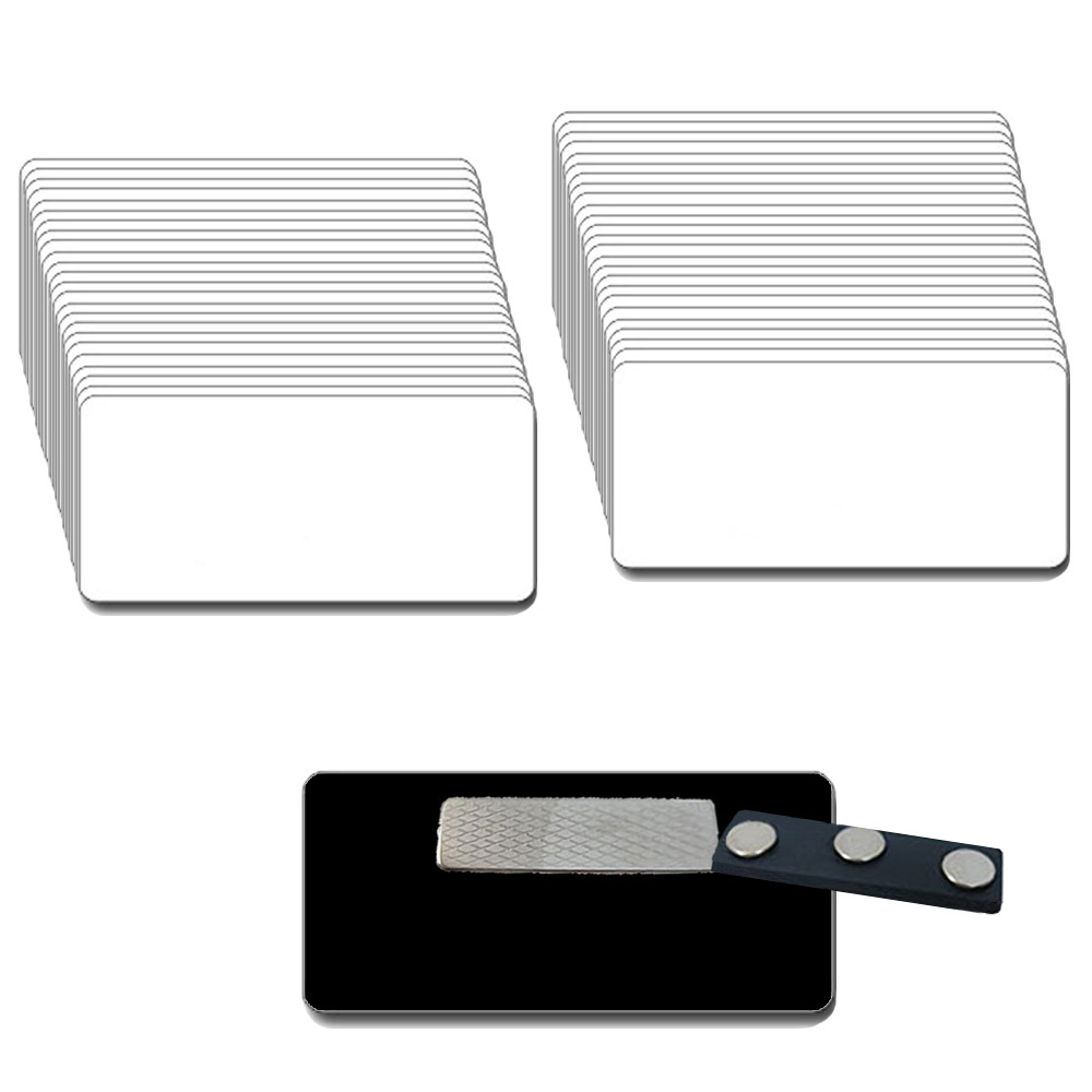 50 BLANK 1 1/2 X 3 WHITE/BLACK NAME BADGE KIT (U) TAGS 1/8" CORNERS CLEAR LABELS