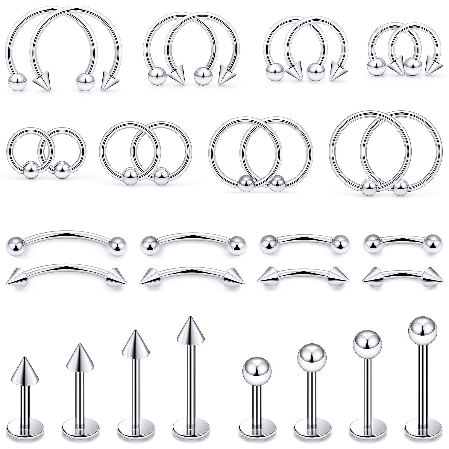 Xnsjeyy 16G Horseshoe Septum Nose Lip Rings 16G-6MM/8MM/10MM/12MM Bar, Silver