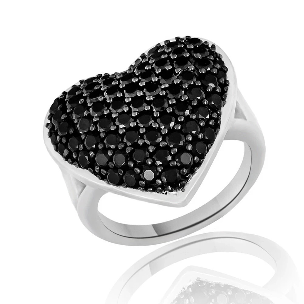 2.95ct Simulated Round Black Spinel Heart Ring 14k White Gold over Silver-Size 8
