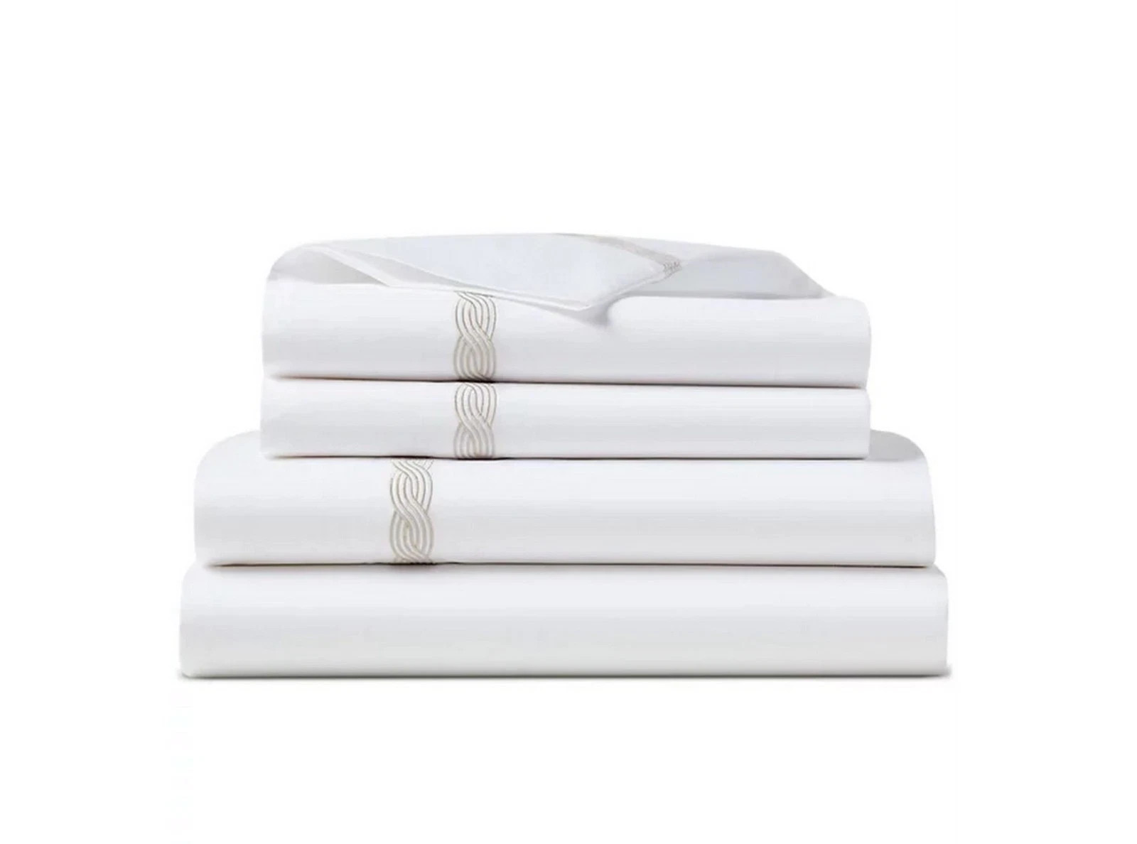 RALPH LAUREN Lauren Spencer Cable Embroidery Sateen King Sheet 4Pc Set $300 Flax