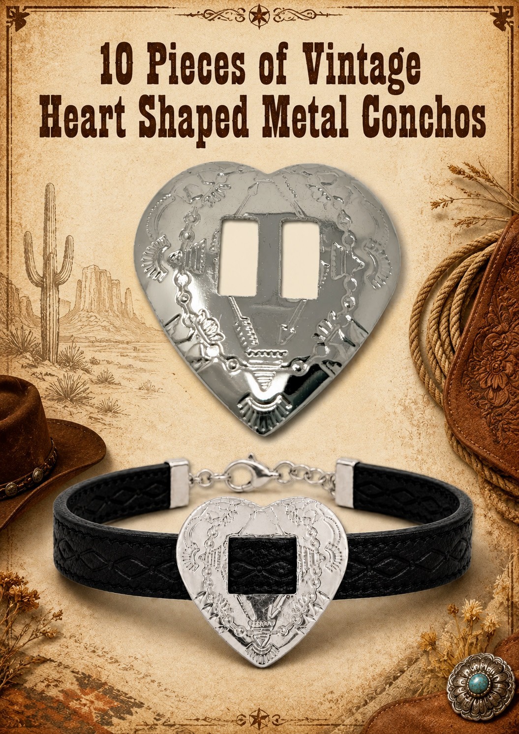10 Silver Tribal Heart Metal Western Slotted Conchos Bolo Belt Leather Crafts