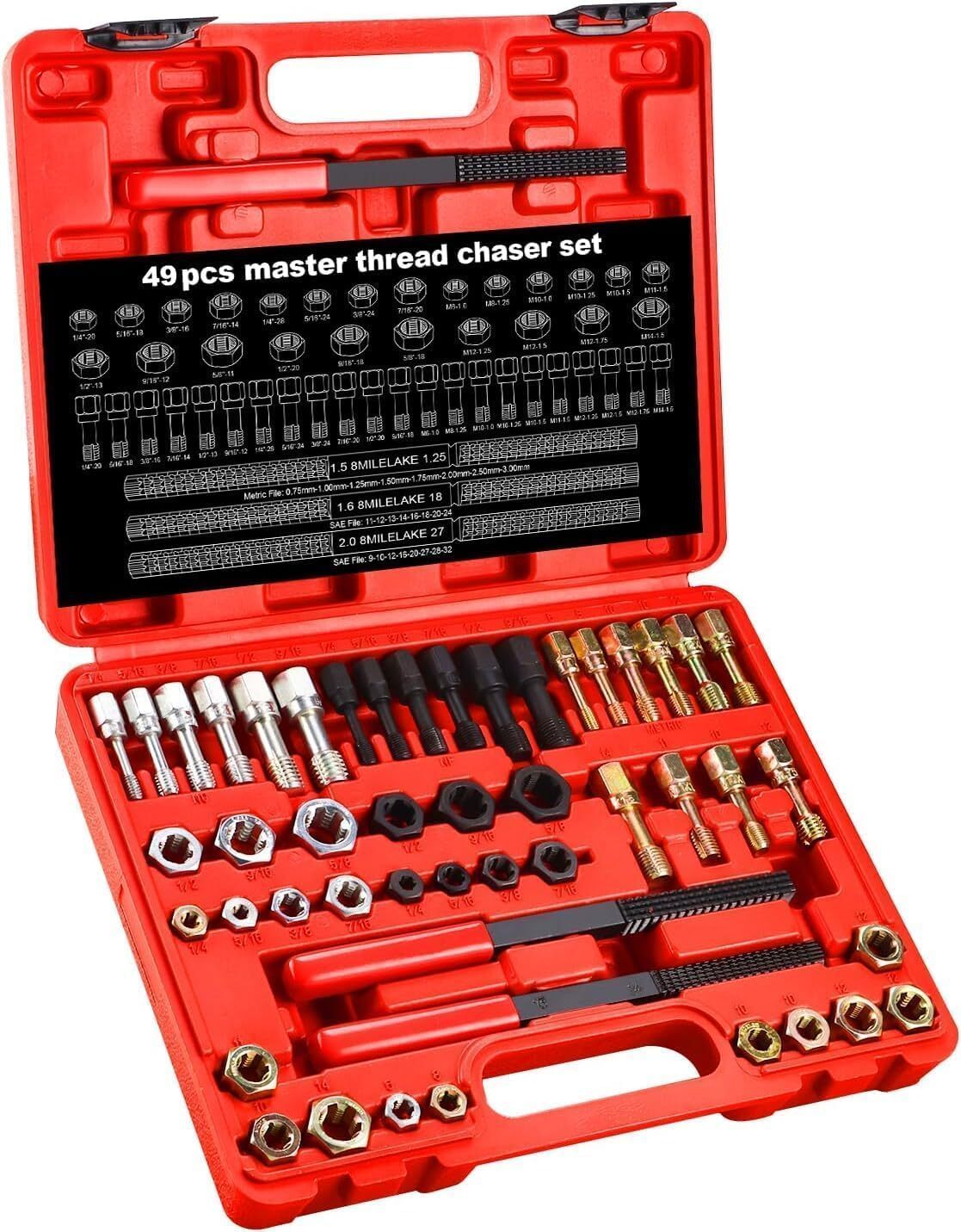 49Pcs Thread Chaser Set Metric and SAE Thread Repair Restorer Kit UNC UNF w Case