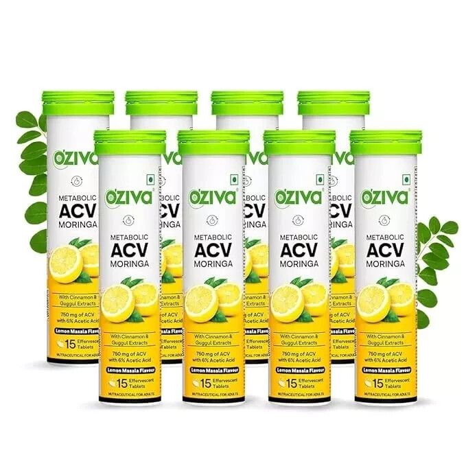 OZiva ACV Moringa 15 Effervescent Tablets -Lemon Masala, Pack of 8 (120 Tablets)