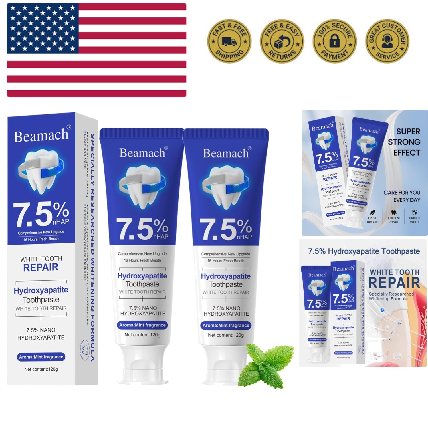 Beamach Hydroxyapatite Toothpaste, Nano 7.5% Hydroxyapatite Toothpaste, White...