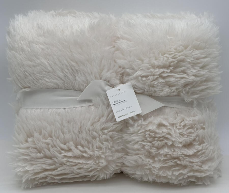 Pottery Barn Dream Faux Fur Throw Blanket ~ 50" x 60" ~ Ivory