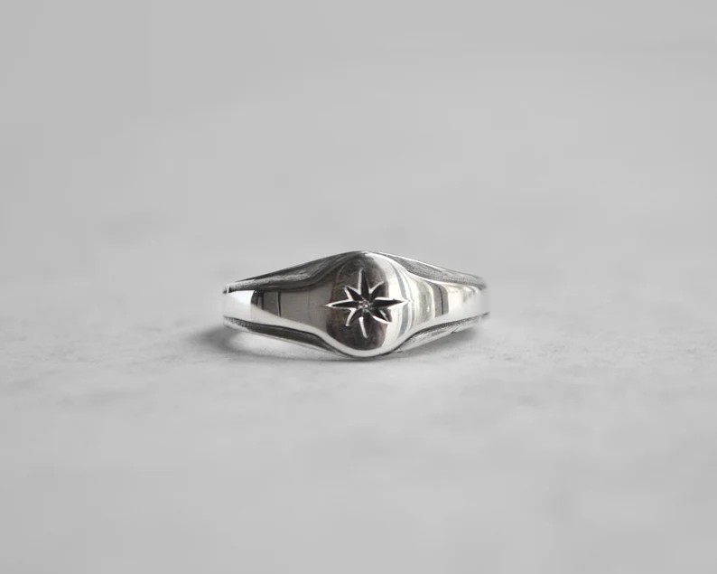 Solid 925 Sterling Silver Celestial Starburst North Star Signet Band Unisex Ring
