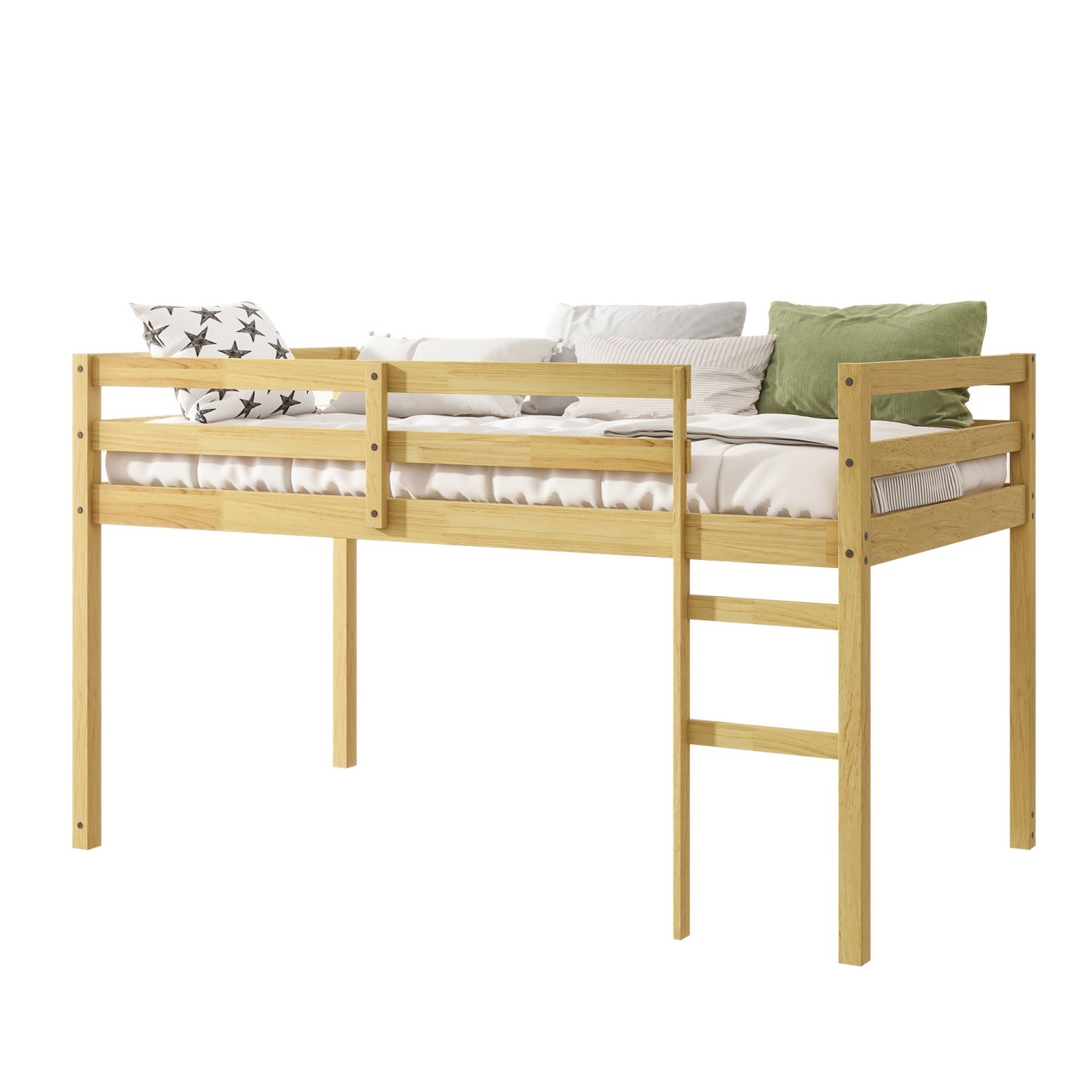 Twin Size Wooden Loft Bed Frame w/ Ladder & Strengthened Slats for Kids Teens