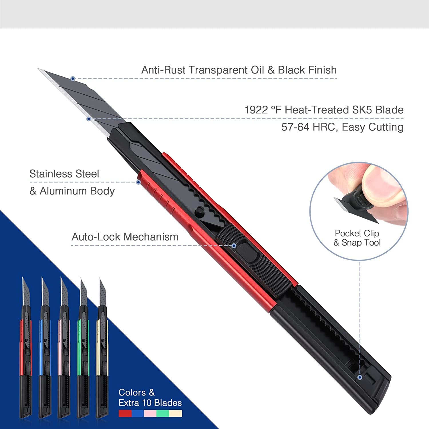 WORKPRO 5PCS Utility Knife Retractable Snap-off Blade Heavy Duty Box Cutter Set