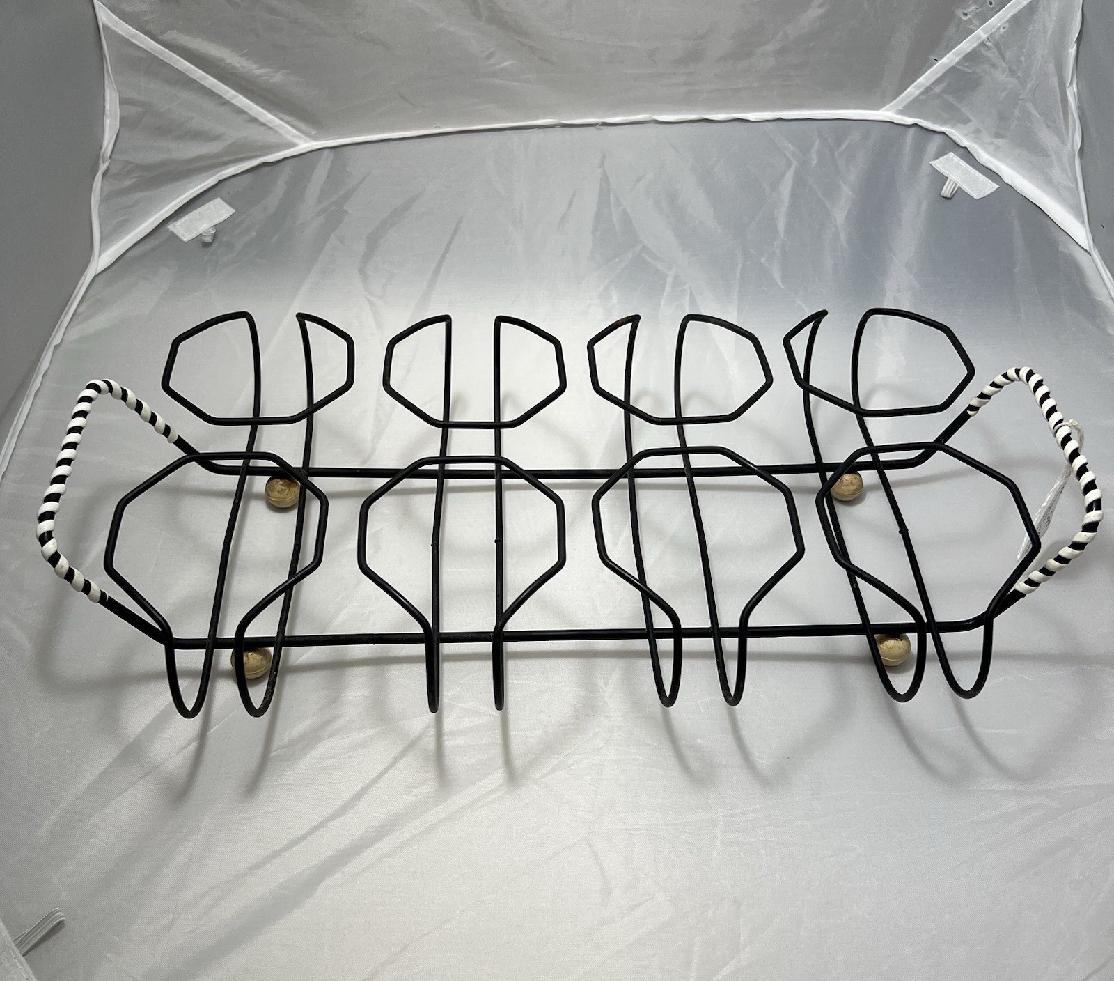 Vtg Black Metal 8 Tumblers Glasses Carrier Holder Ball Feet Wrapped Handles MCM