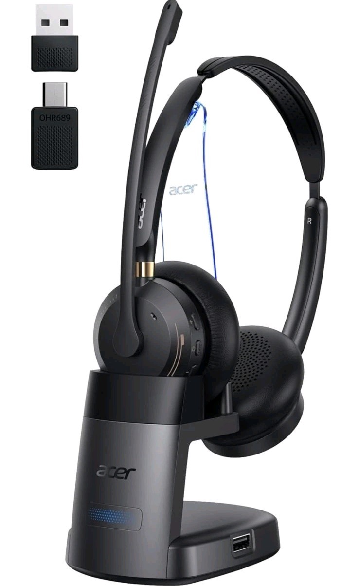 acer Wireless Bluetooth Headset with Mic and Charge Stand for Work, PC, OHR689