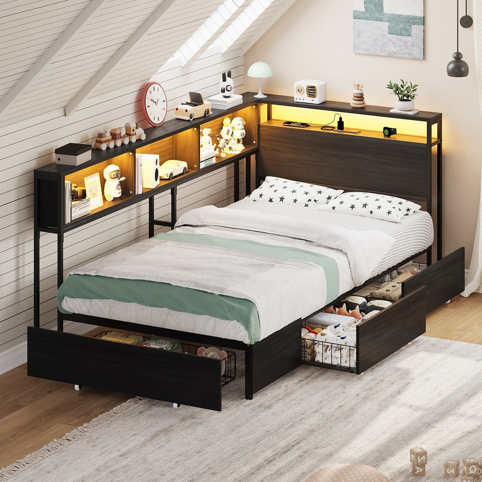Twin Corner Bed Frame with LED Headboard, Charging Station, Storage Drawers, Bla