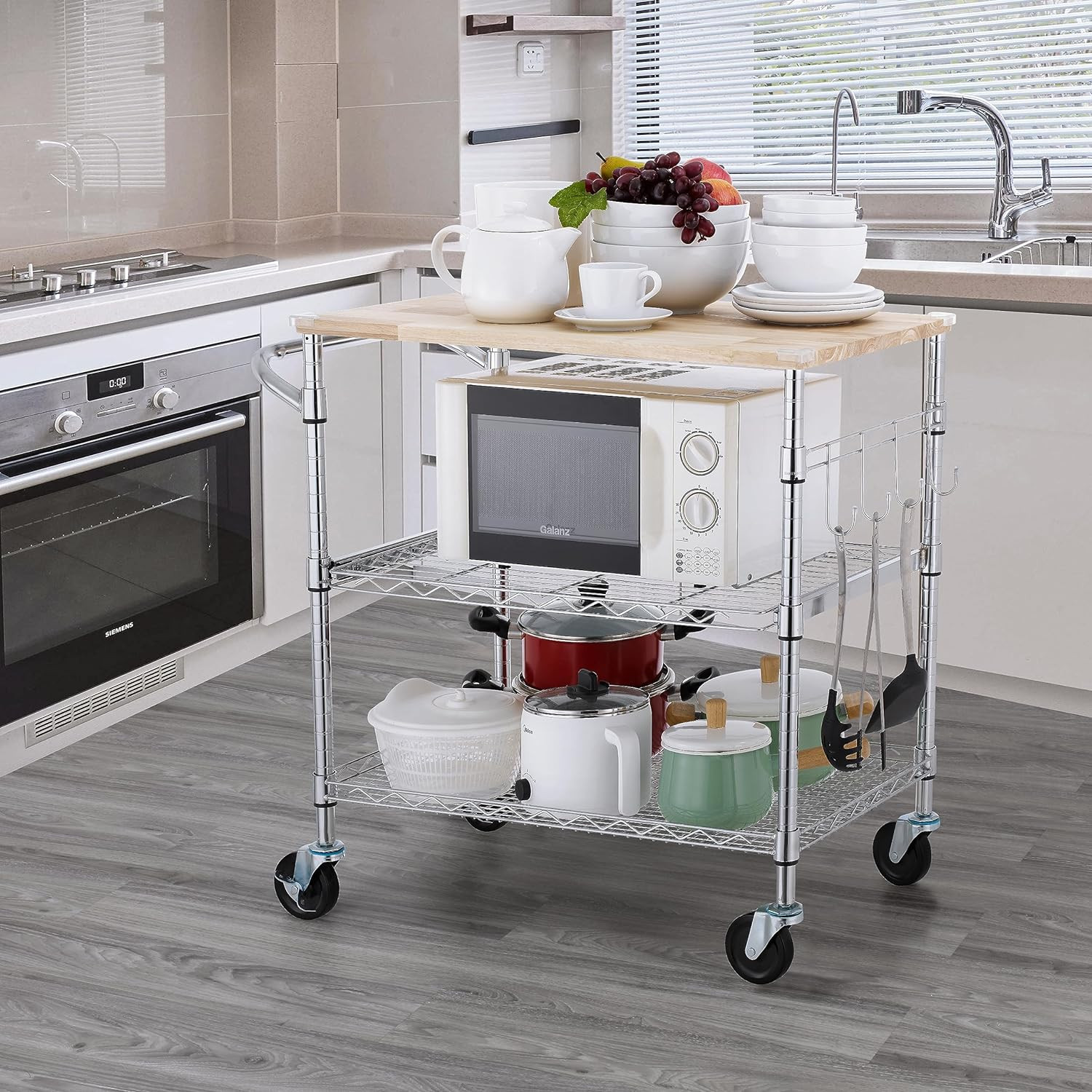Rolling Kitchen Utility Cart with Storage Shelves, Mobile Microwave Stand on Whe