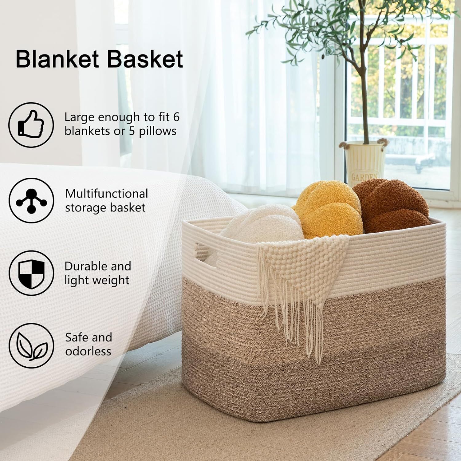 108L Extra Large Blanket Basket,Rectangular Woven Storage Basket Gradient Brown
