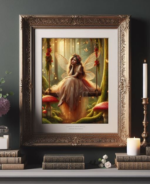 Forest Fairy Bride on swing, Mushroom, Whimsical Fantasy painting print Art