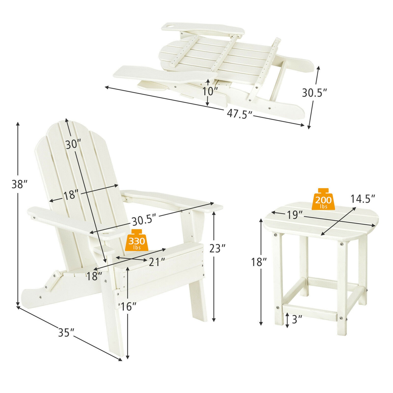 2PC Patio Folding Adirondack chair Side Table Cup Holder Poolside White