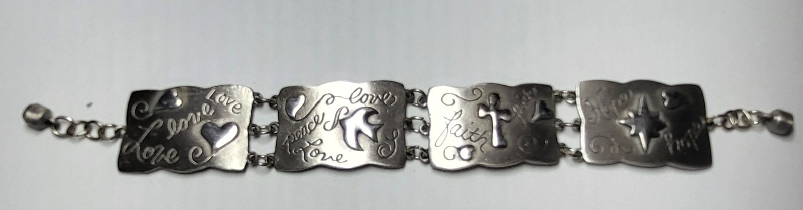 Pewter Love Peace Faith Hope Link  Bracelet Magnetic Clasp 7.5" Long Pre Owned