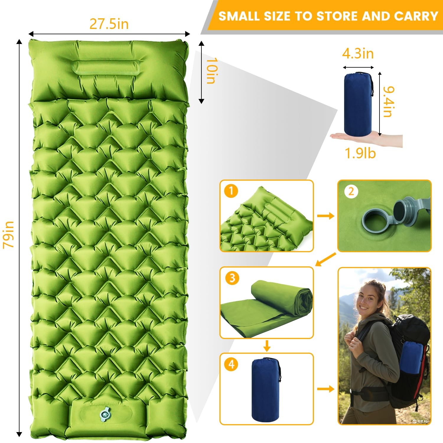 Camping Sleeping Pad, 4in Thick Ultralight Inflatable Camping Mat with Pillow, B