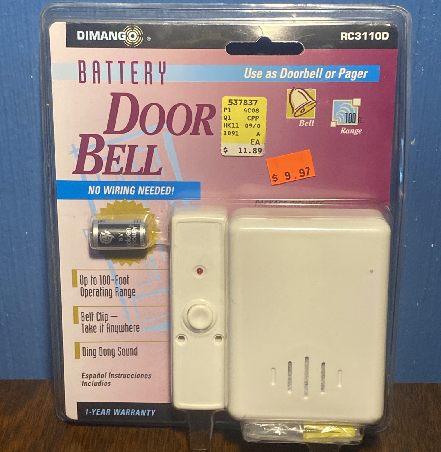 VINTAGE Dimango Battery Door Bell Chime / Pager - 100’ Range RC3110D, NEW NOS