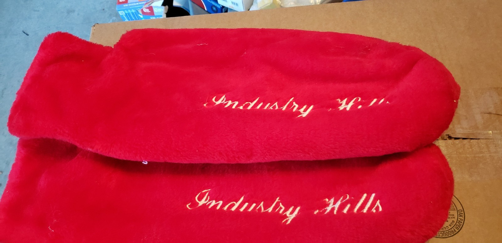 Red Fleece Head Cover / Hand Warmer Glove Mittena   INDUSTRY HILLS ADVERTISING