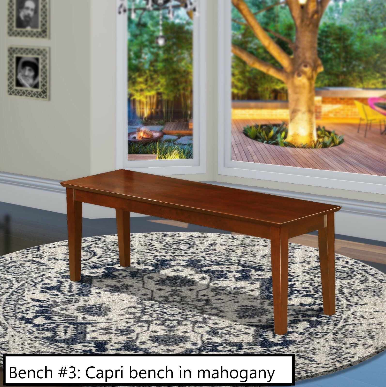 Solid wood Capri dinette kitchen dining bench in mahogany finish