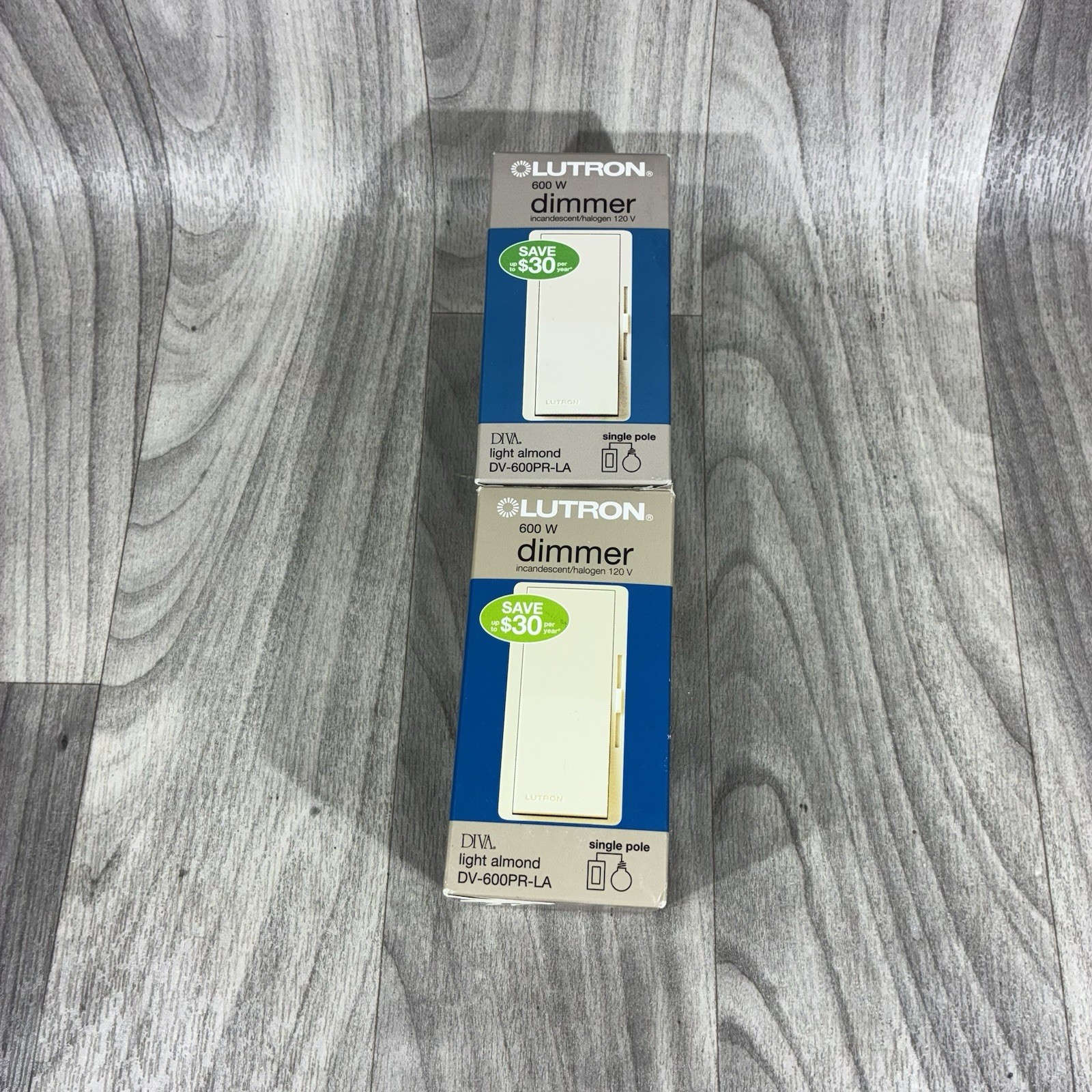 2 Lutron 600W Single Pole Dimmer, DV-600PR-LA, Light Almond, Opened Box But New