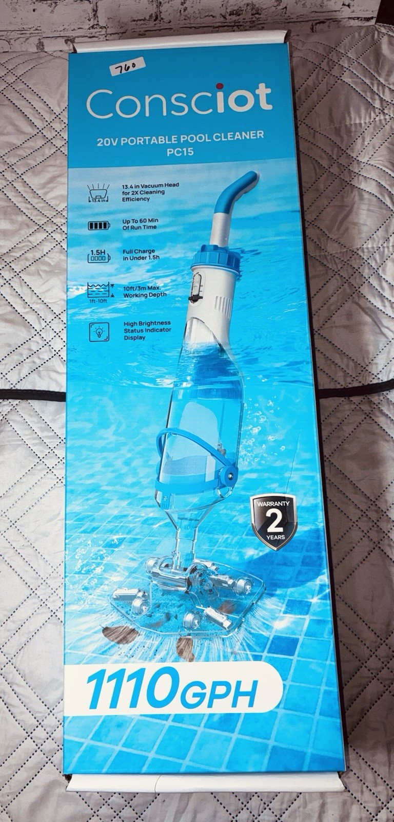 1701A-Consciot PC15 Cordless Pool Vacuum 20V 1.5L 1110GPH 60min Telescopic