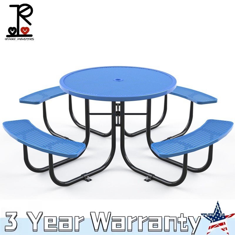 78.7" Blue Heavy Round Outdoor Steel Picnic Table w/ 4 Benches & Umbrella Hole