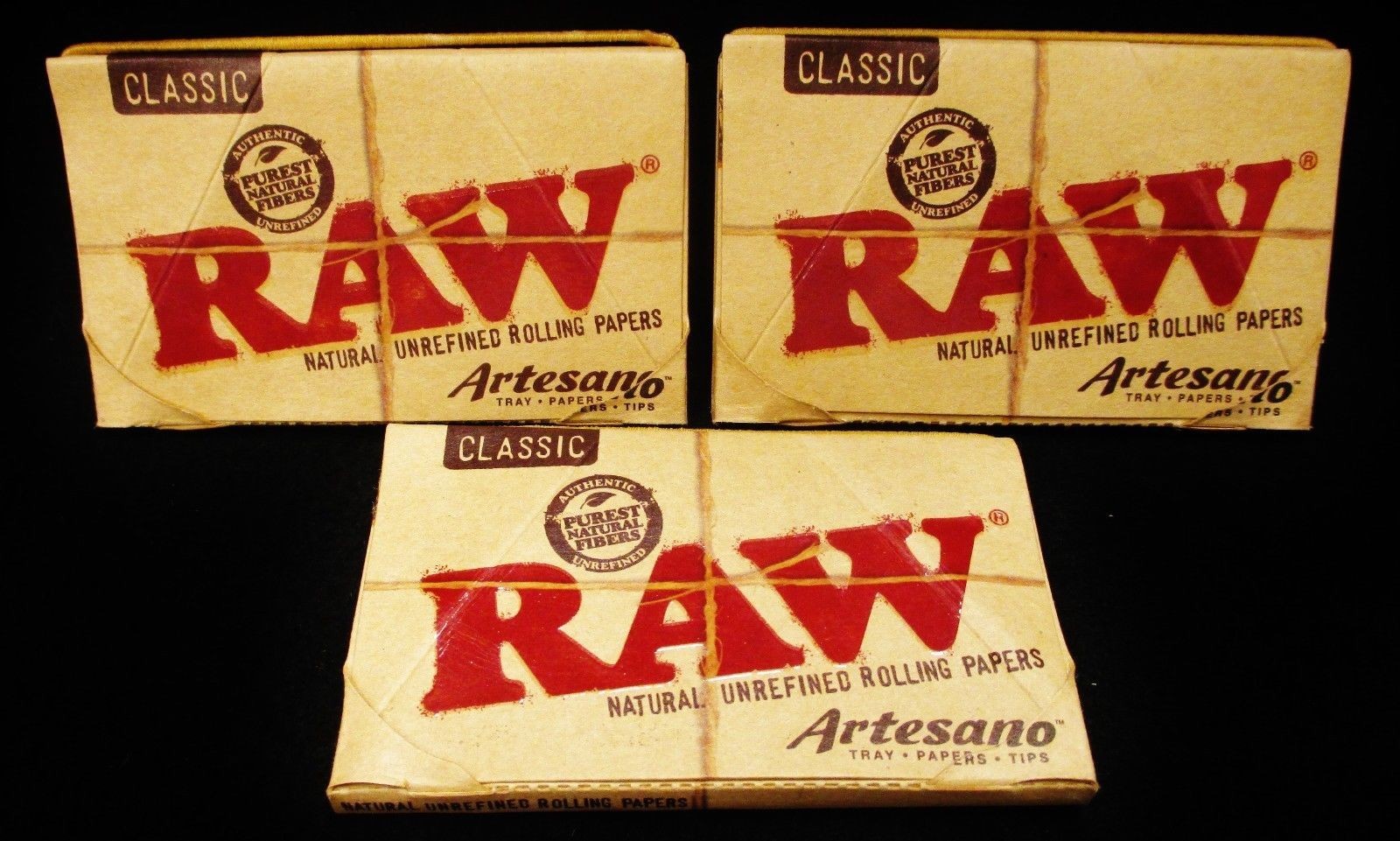 3 Packs Raw Classic Artesano 1 1/4 Natural Unrefined Rolling Papers, Tips & Tray