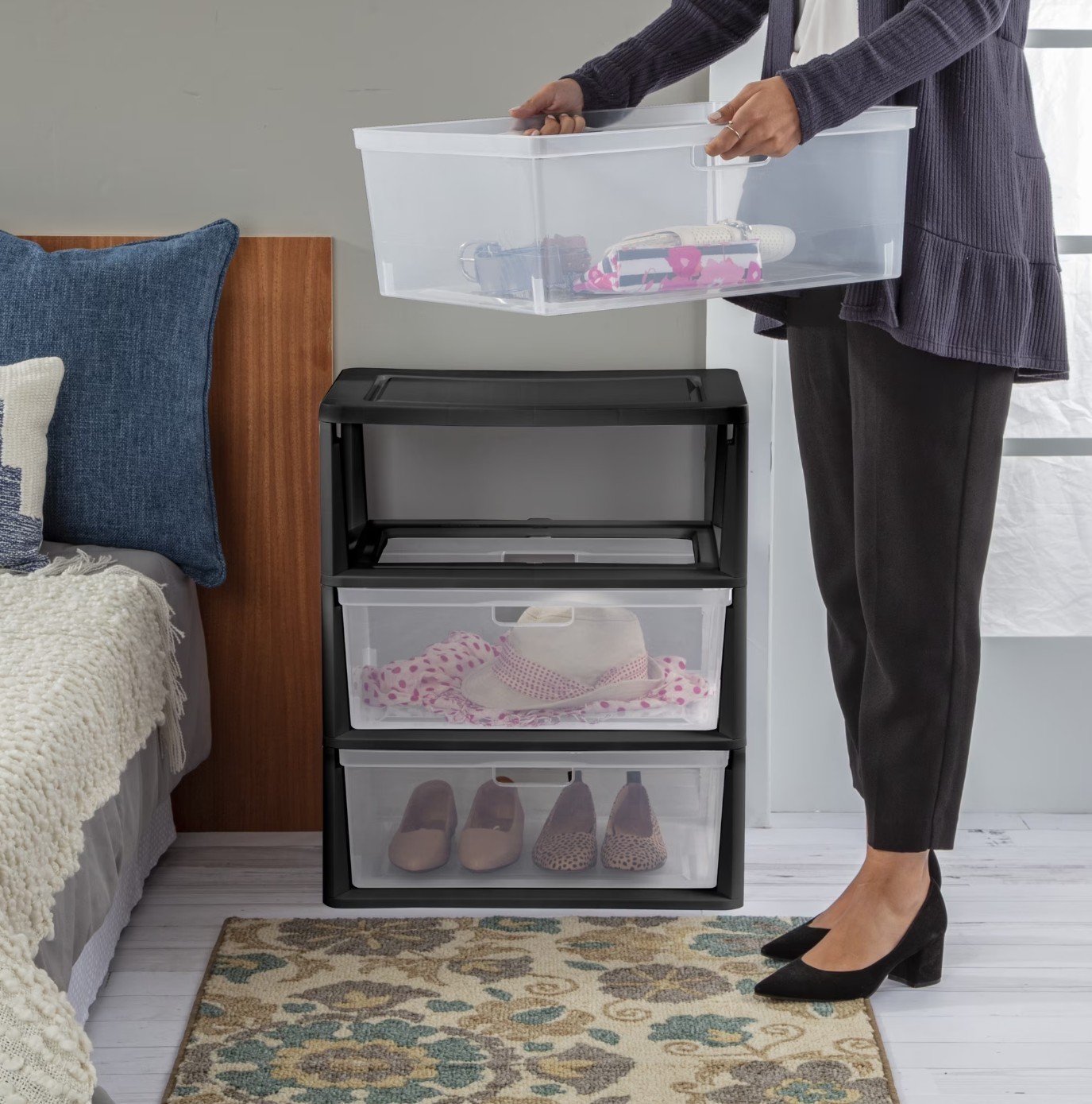 (2 pack) Sterilite Wide 3 Drawer Tower, Plastic Storage Organizer , Black