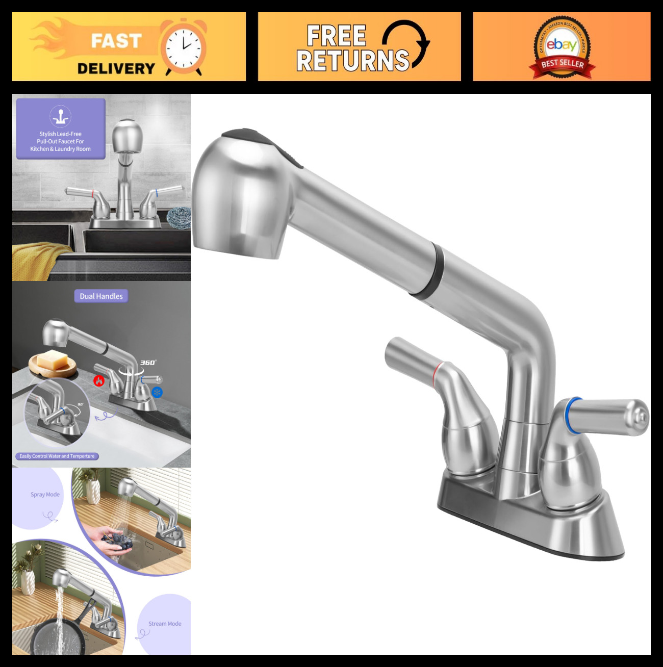 Utility Sink Faucet with Sprayer, Dual Handle Pull-Out, Chrome Finish, 4" Center