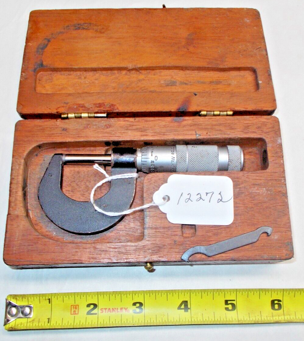 B & S  0 - 1" Machinist's  Micrometer, .0001", Carbide Faces,  Wood Storage Box
