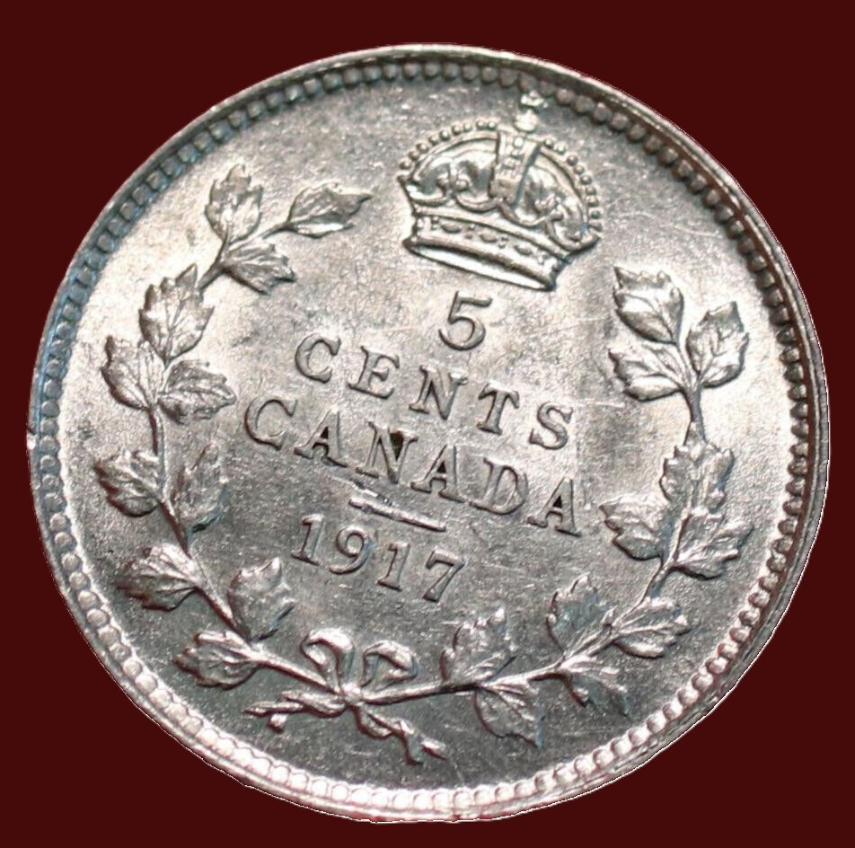 🇨🇦 Uncirculated 1917 King George V 5 Cents Silver Coin Canada
