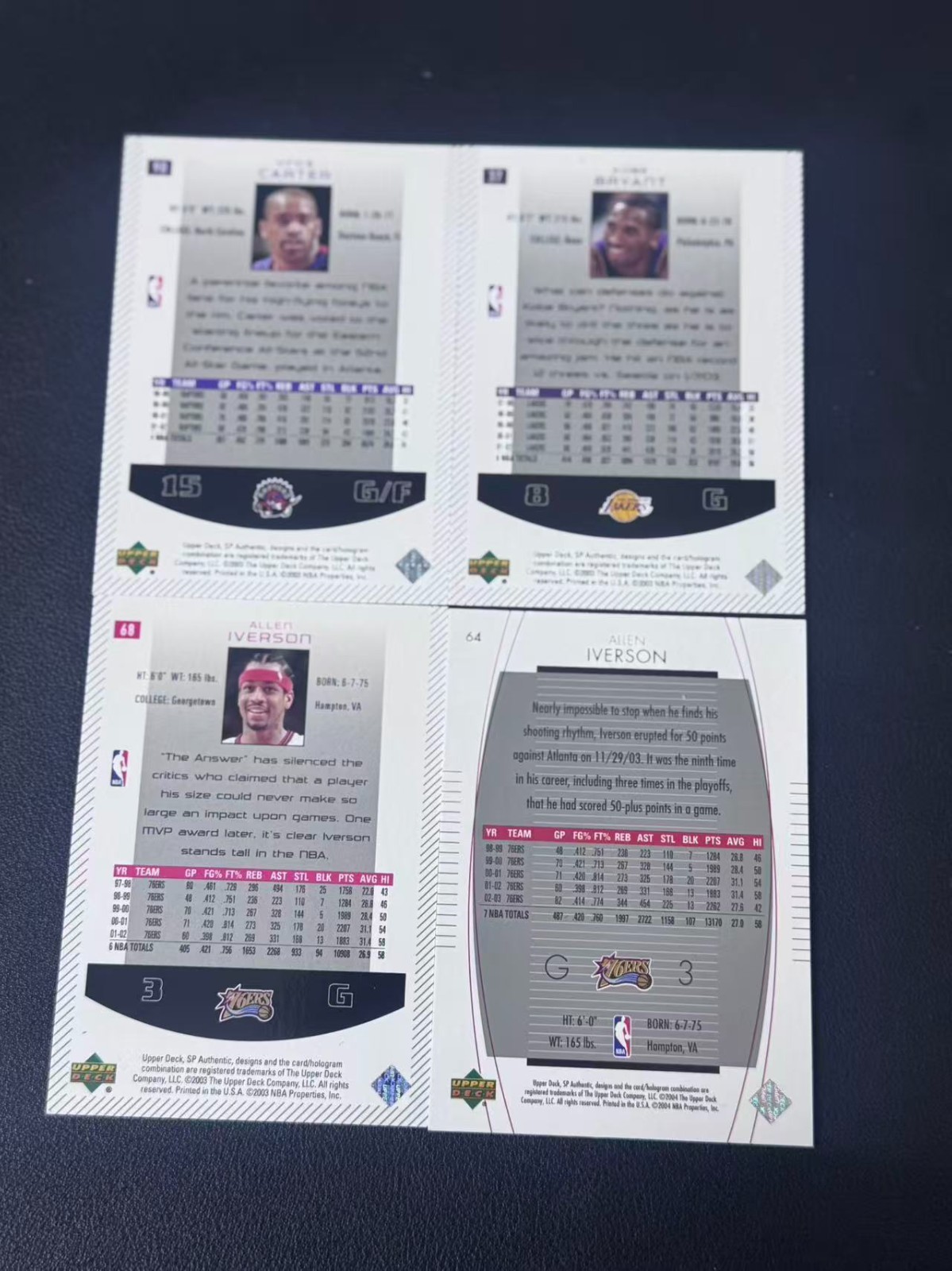 2003 Upper Deck SP Authentic Kobe Bryant/Allen Iverson/Vince Carter 4pcs
