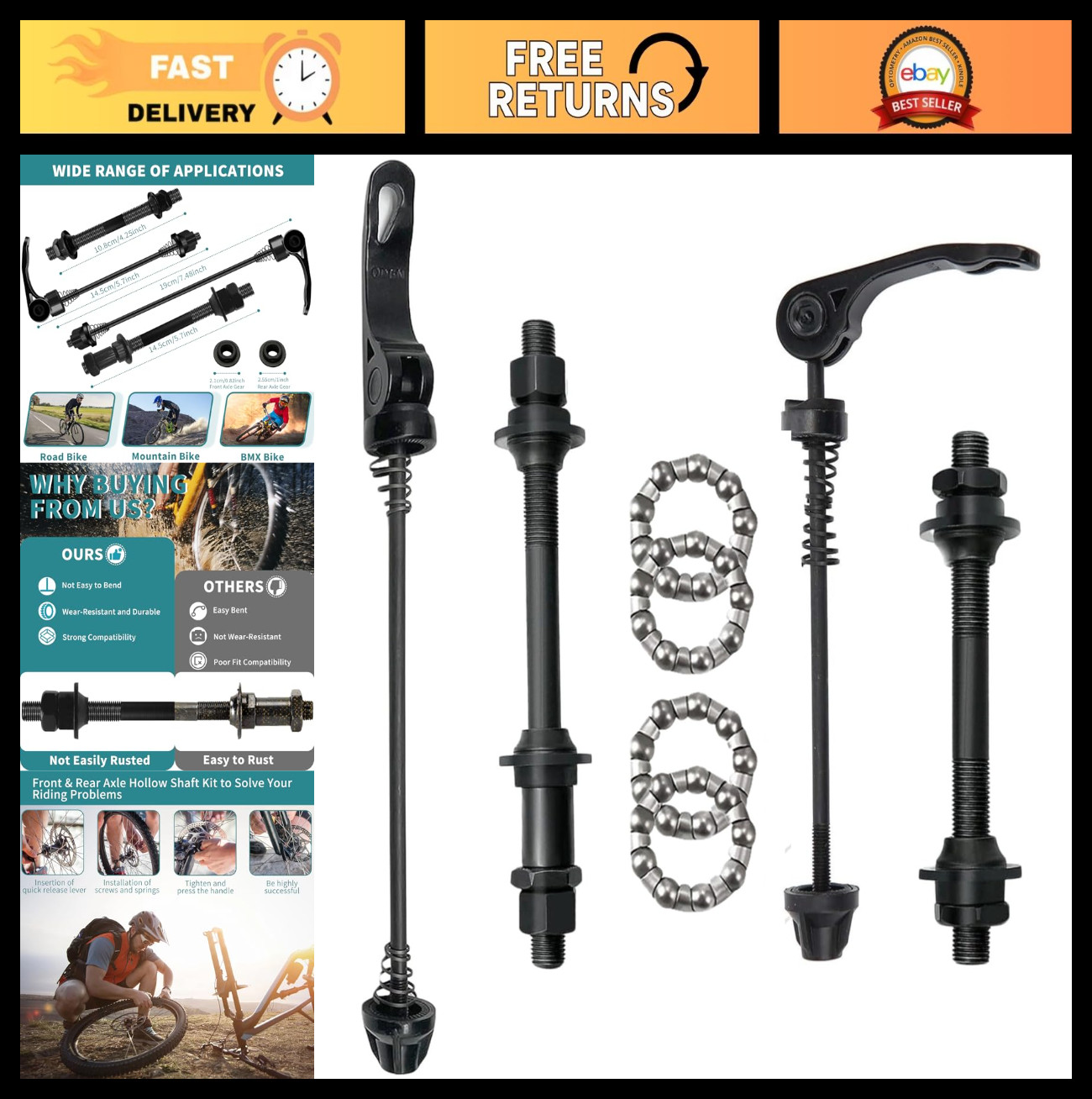 Quick Release Bike Axle Set - 1 Pair MTB Front & Rear Hub, 25mm Steel Ball, Holl