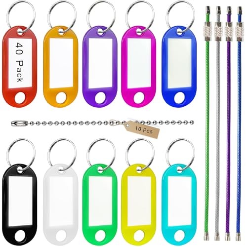 40 Pack Plastic Key Tags with Key Chain Ring, 10 Ball Chains & 4 Cable Key