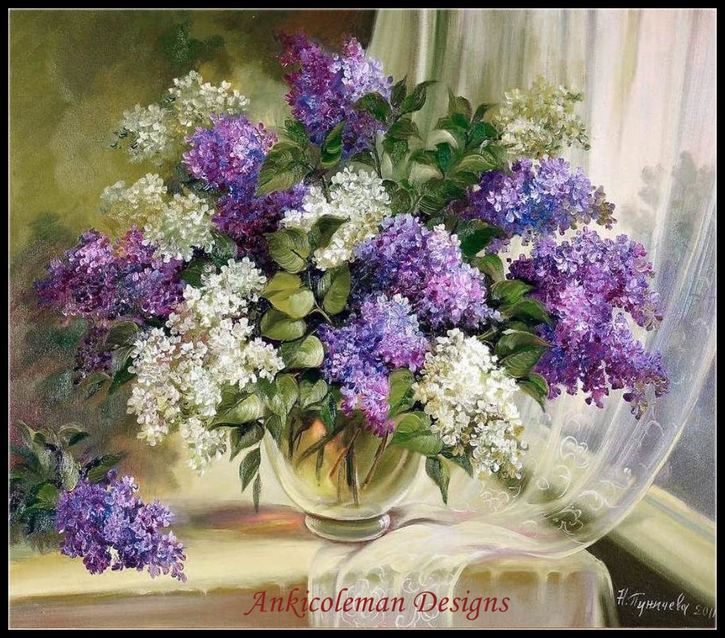 Curtain with Lilac - DIY Chart Counted Cross Stitch Pattern Needlework DMC Color
