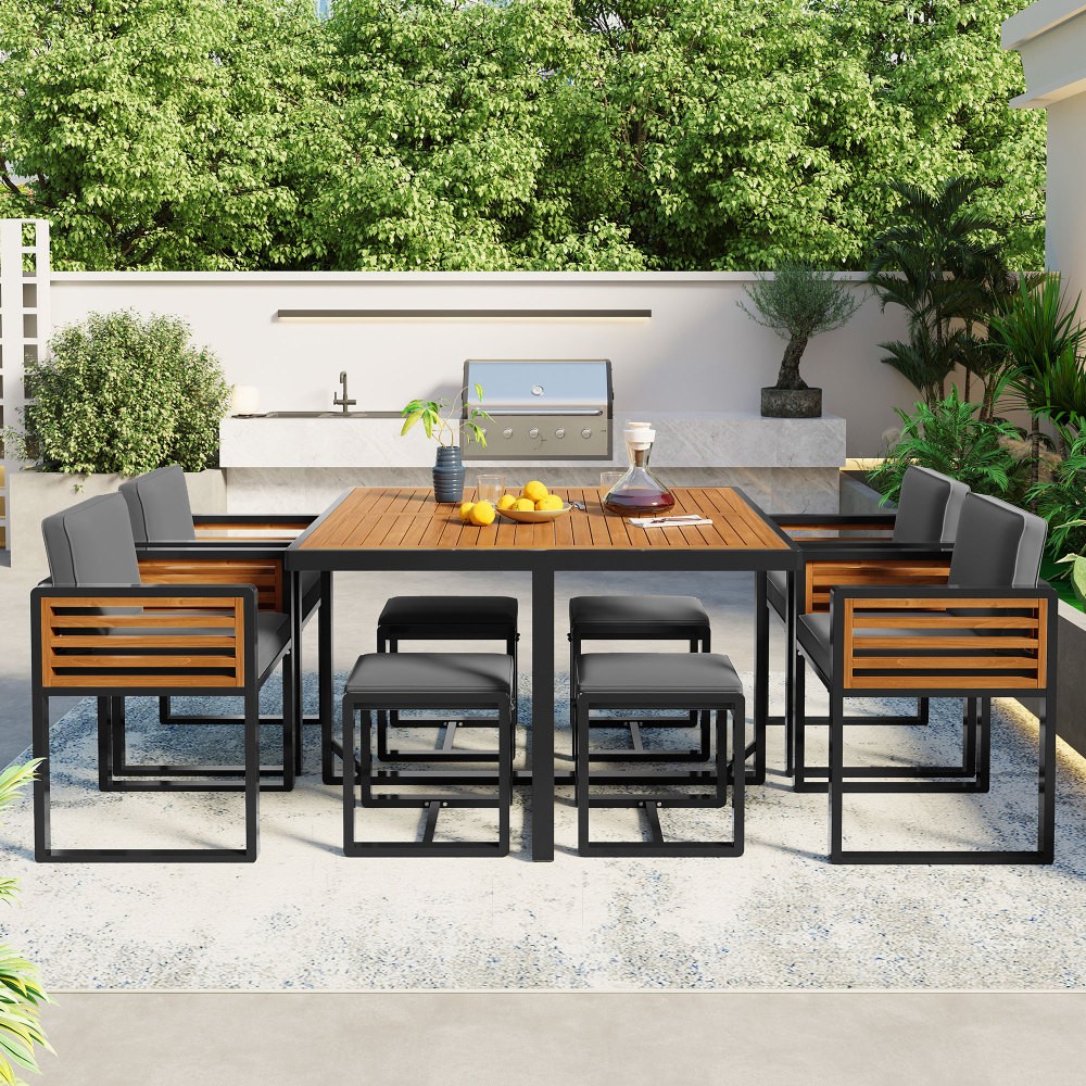 9-Piece Acacia Wood Patio Dining Set w/ 4 Chairs & Ottomans, Gray