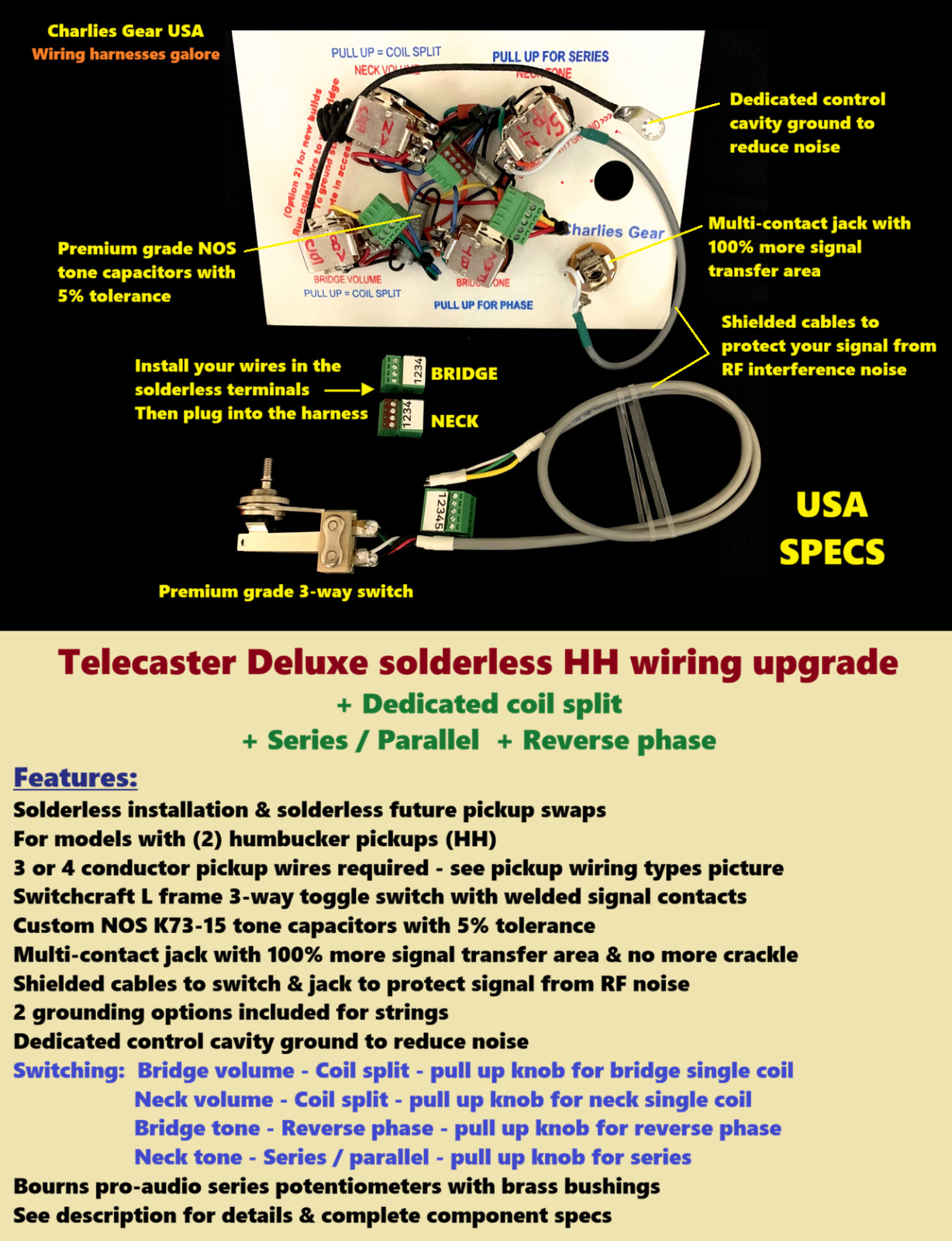 Tele Deluxe Jimmy Page Solderless HH Wiring Upgrade +Phase/Series/Parallel/Split