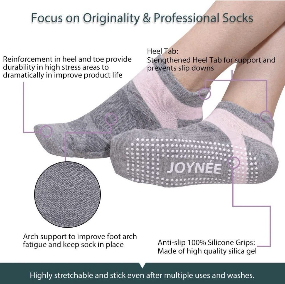 JOYNEE Women's Non-Slip Grip Yoga Socks Gray Pink US 5-9 Arch Support 6 Pairs