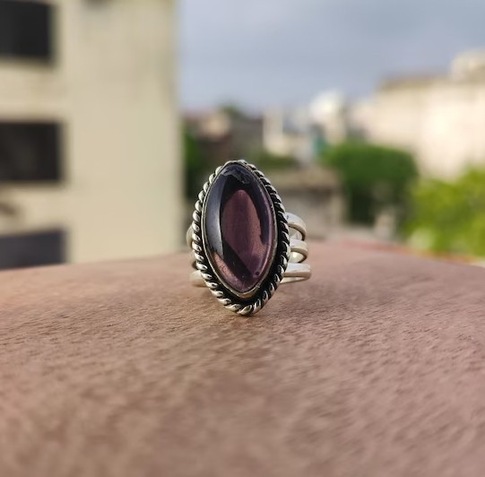 Solid 925 Sterling Silver Natural Amethyst Marquise Gemstone Triple Band Ring