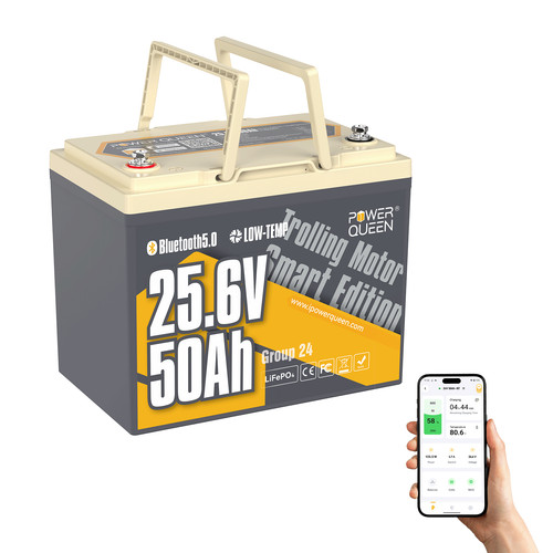 Power Queen 24V 50Ah Smart Bluetooth LiFePO4 Lithium Battery for Trolling Motor