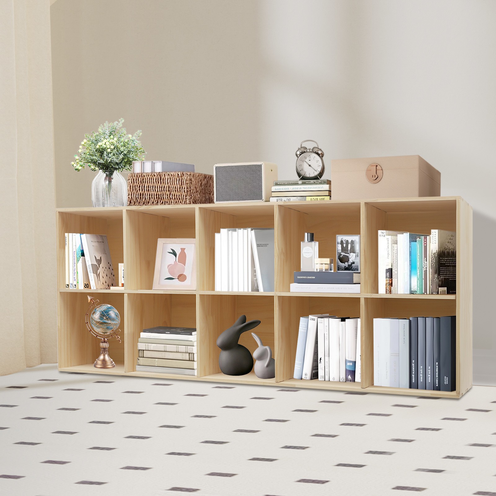 10 Cube Solid Wood Shelves, Wooden Shelf Bookcase, Floor Standing Bookshelf