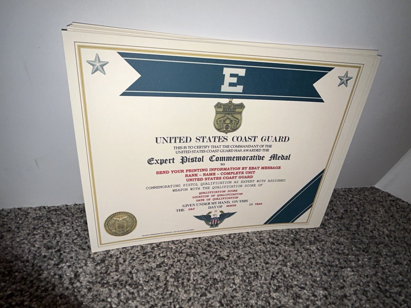 COAST GUARD - EXPERT PISTOL MEDAL COMMEMORATIVE CERTIFICATE ~ W/PRINTING TYPE-1