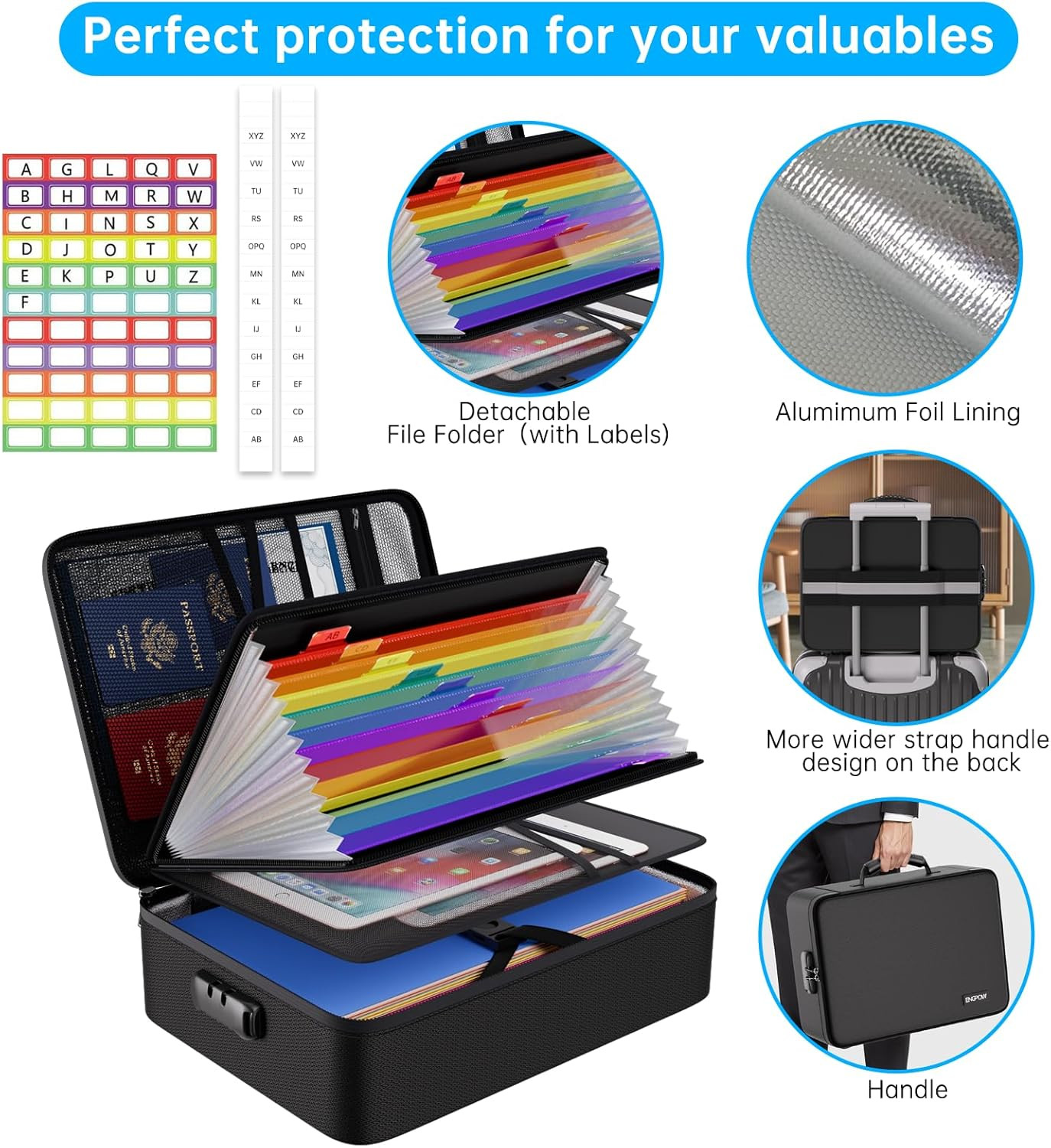 Fireproof Document Organizer Bag with 13 Pockets and Lockable Storage