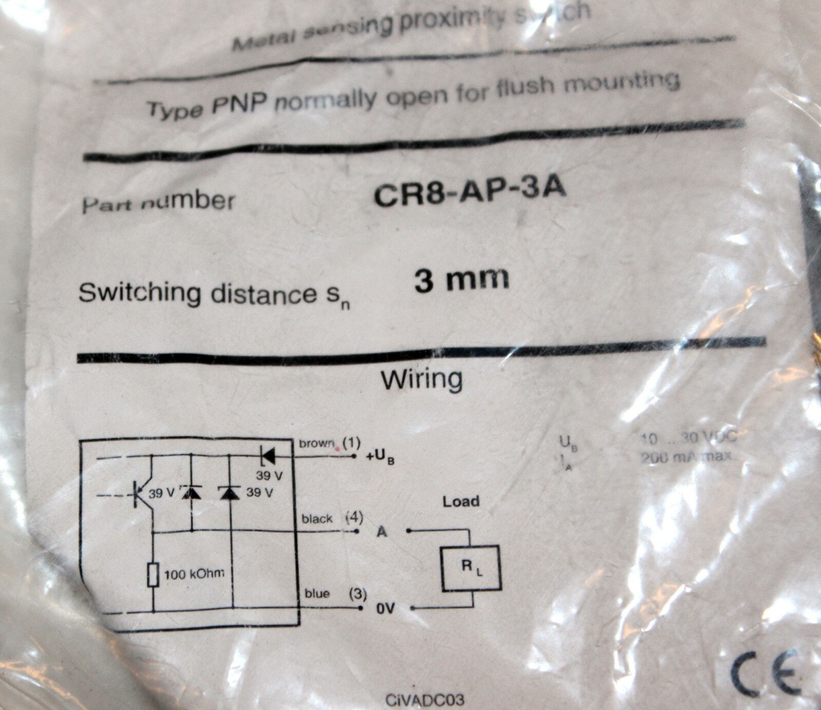 AUTOMATION DIRECT CR8-AP-3A Inductive Proximity Sensor: Rectangular, 3mm Range